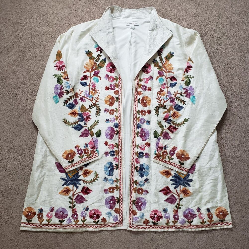 Vtg Coldwater Creek Open Front Duster Silk Jacket Embroidery Flowers Ivory 3X